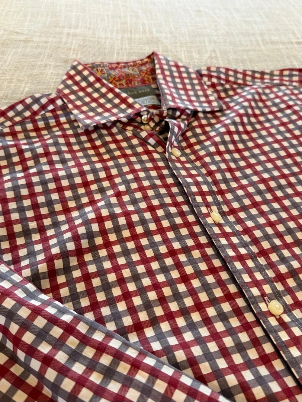 Thomas Dean Shirt Mens Large Red Gingham Check Button Front Long Sleeve - Picture 3 of 10